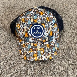 Life Is Good Multi-Color Dog Print Trucker Hat with Blue Patch